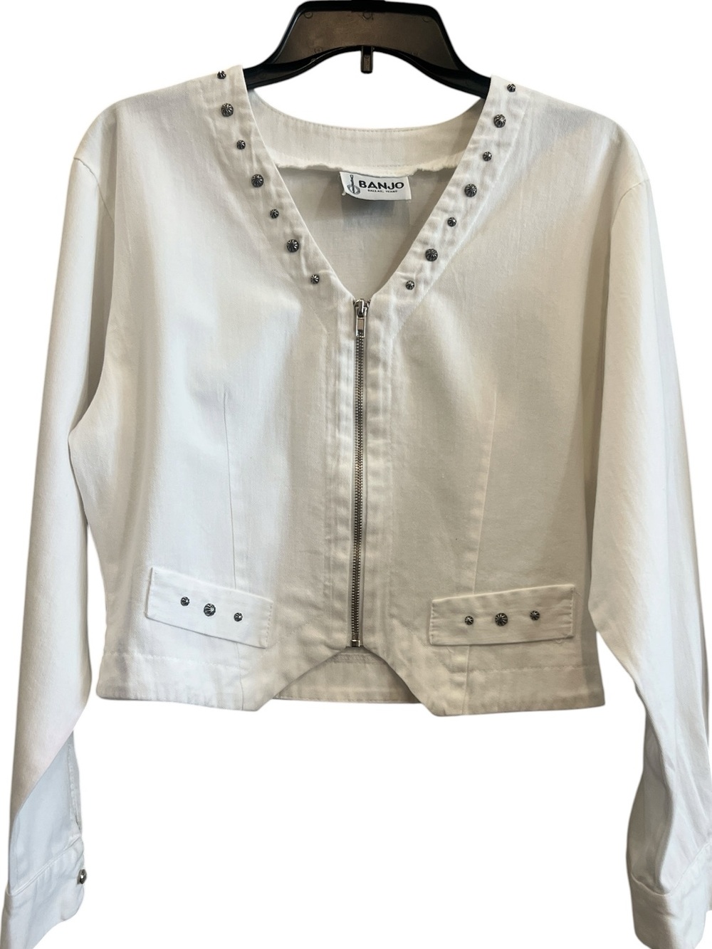 Vintage Banjo White Denim Stud-Trim Zip Front Crop Top/Jacket